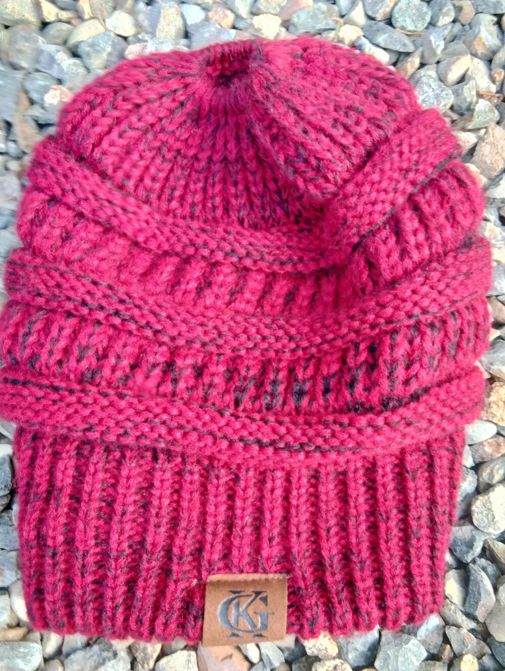 GK Burgandy Messy Bun Beanie Soft Stretch Knit Ponytail Hat Cap Lined